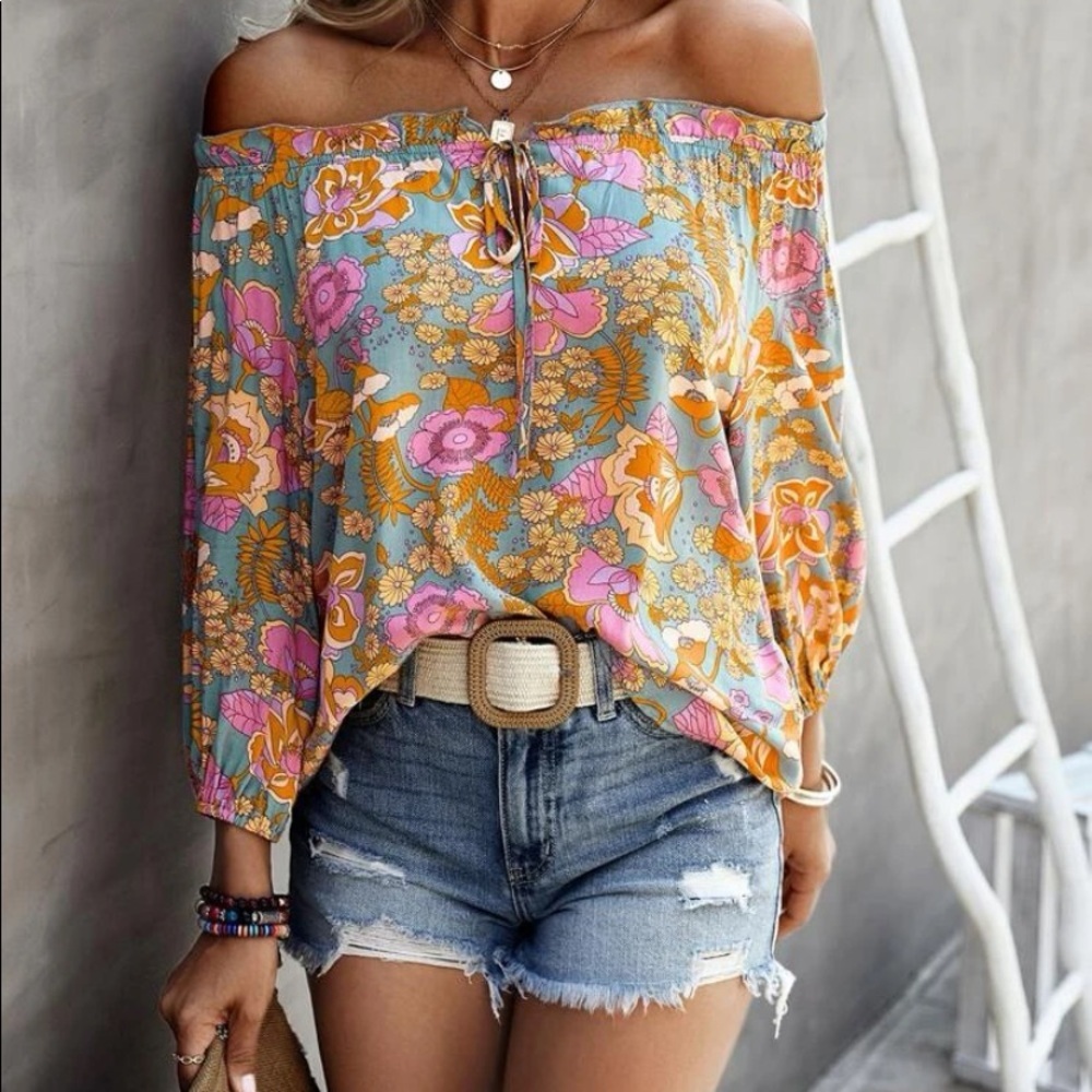 New boho off shoulder floral print top - Picture 2 of 4